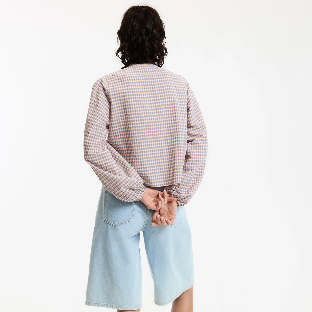 Blouse col V à carreaux à liens à nouer carreaux rose/bleu, LA REDOUTE COLLECTIONS