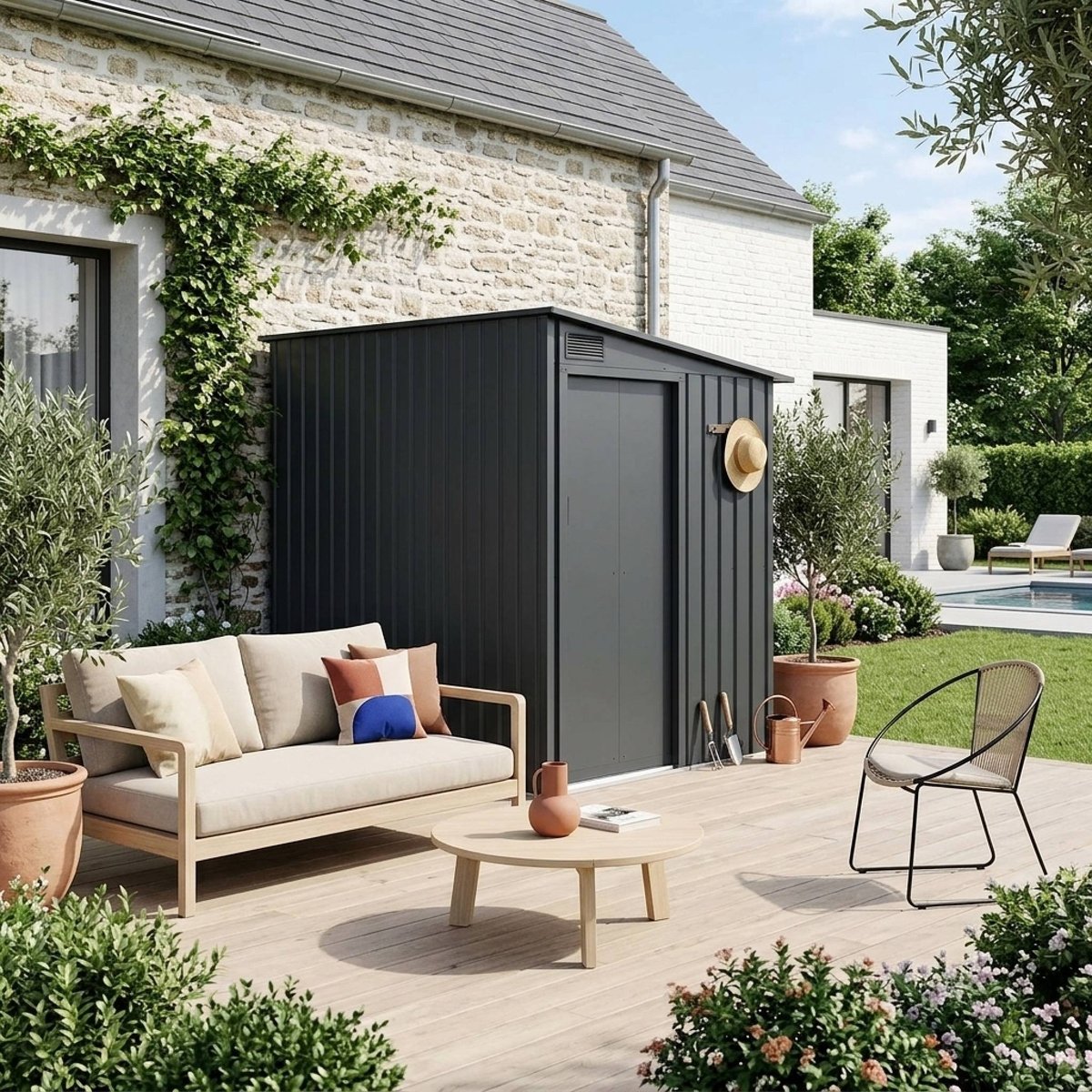 Abri de jardin adossable acier galvanisé 2,91m² avec porte coulissante et kit d'ancrage BRAY terracotta, SWEEEK