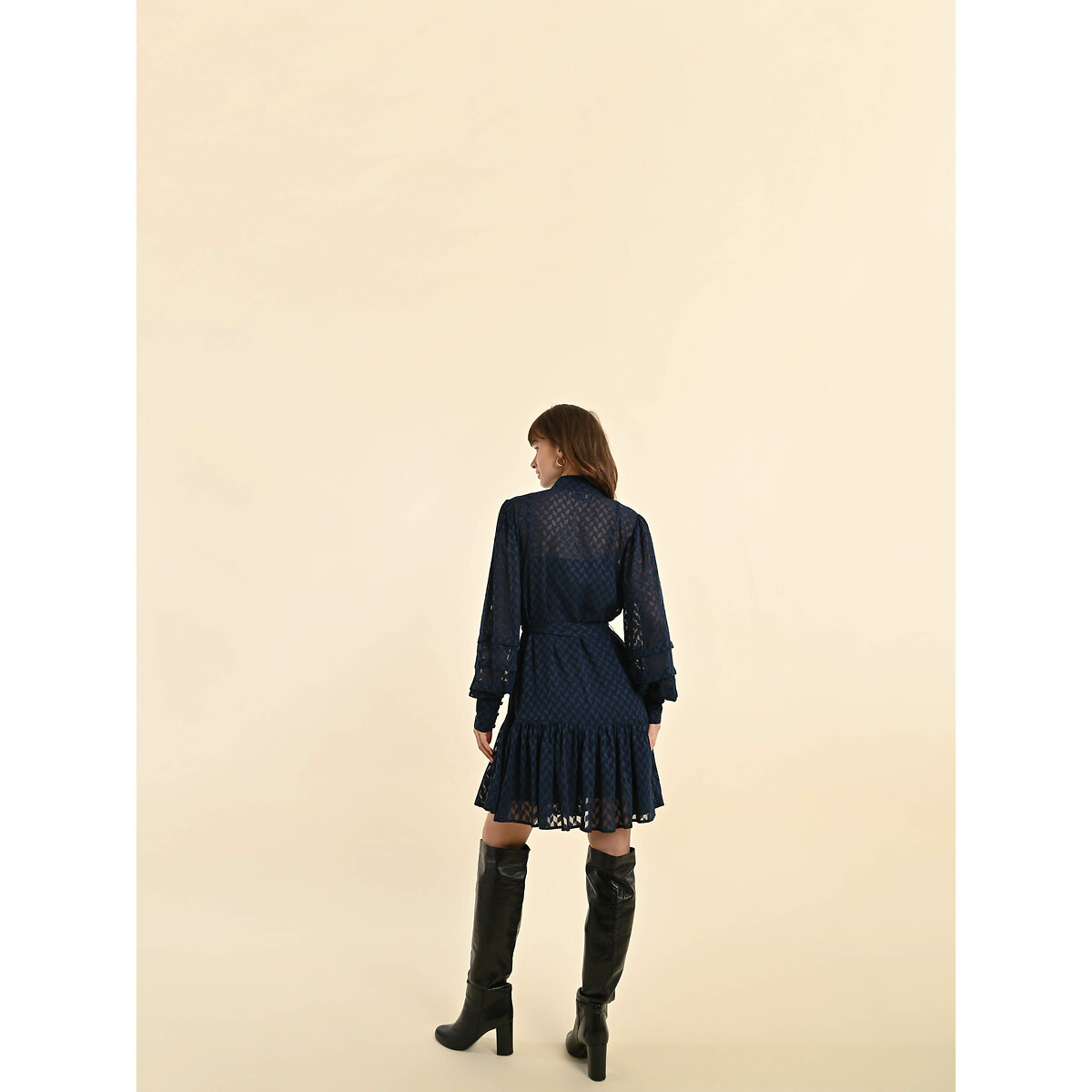Buttoned Mini Dress with Tie-Waist and High Neck navy blue, MOLLY BRACKEN