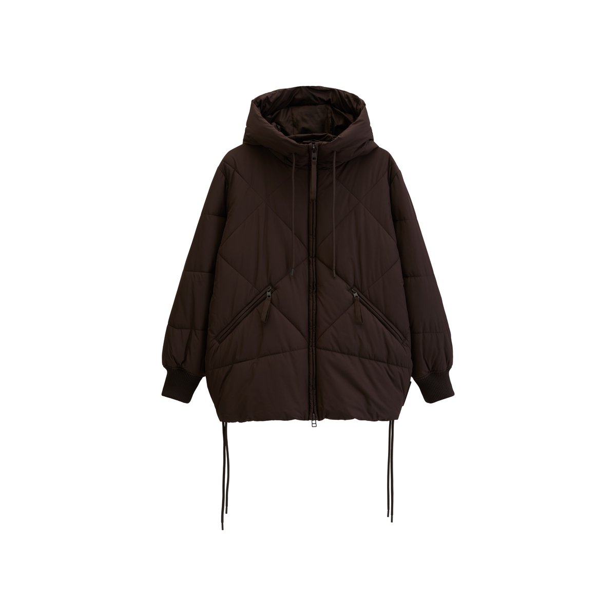 Veste matelassée longue à capuche, coupe décontractée en polyester recyclé marron foncé, MARC O’POLO DENIM