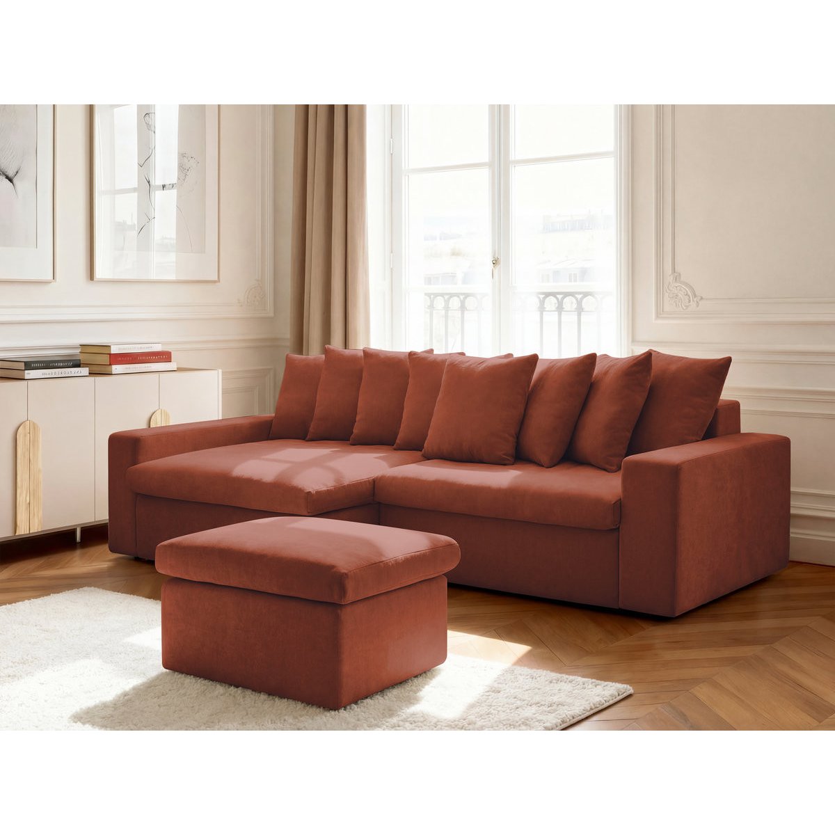 Canapé d'angle fixe 3 places en tissu lisse avec pouf, ENORE rouge, BOBOCHIC