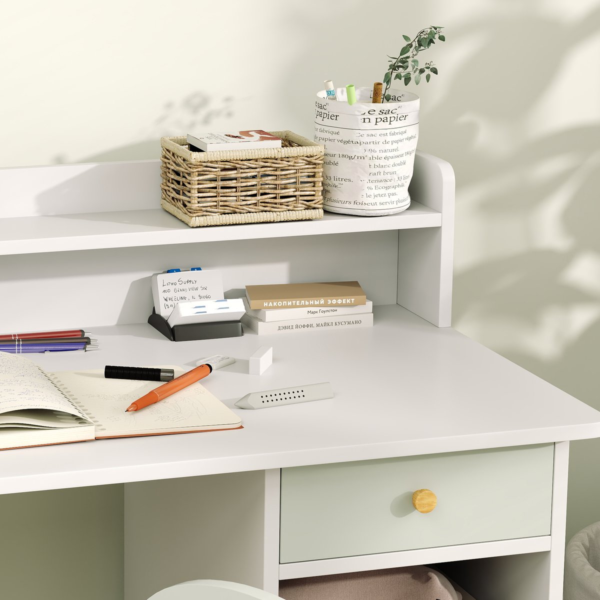 Bureau d'étude pour enfants avec chaise MDF vert clair, blanc, AIYAPLAY