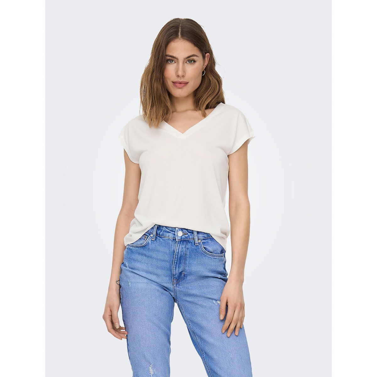 T-shirt maniche corte, scollo a V bianco, ONLY
