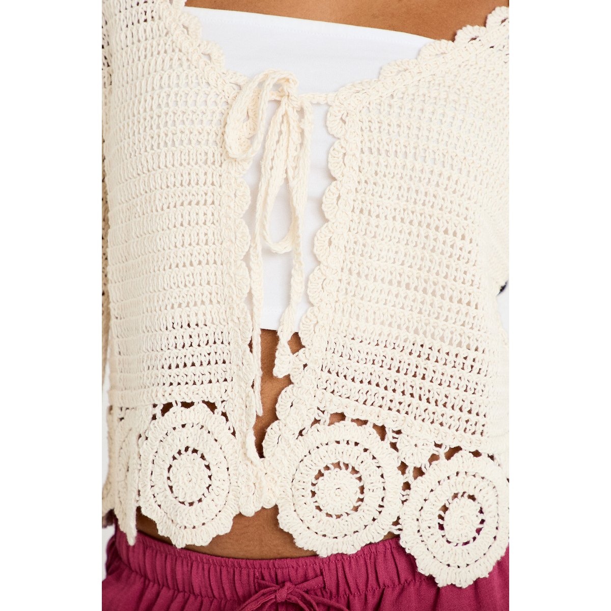 Gilet col v manches longues avec noeuds ecru, CACHE CACHE