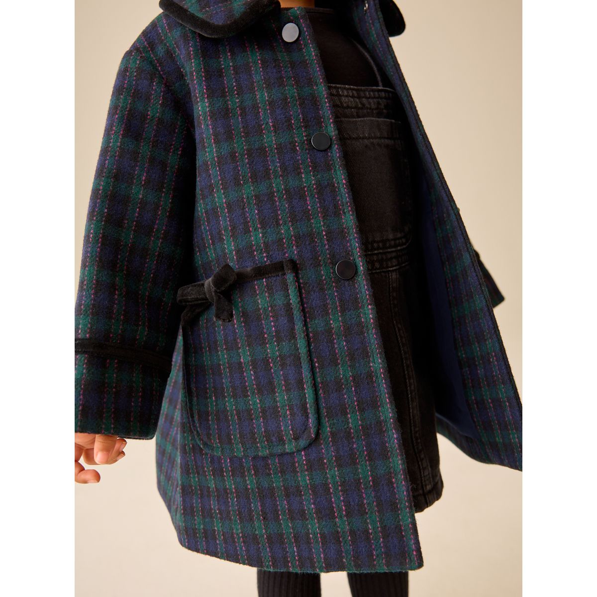Manteau en laine mélangée à nœuds bleu marine à carreaux, NEXT