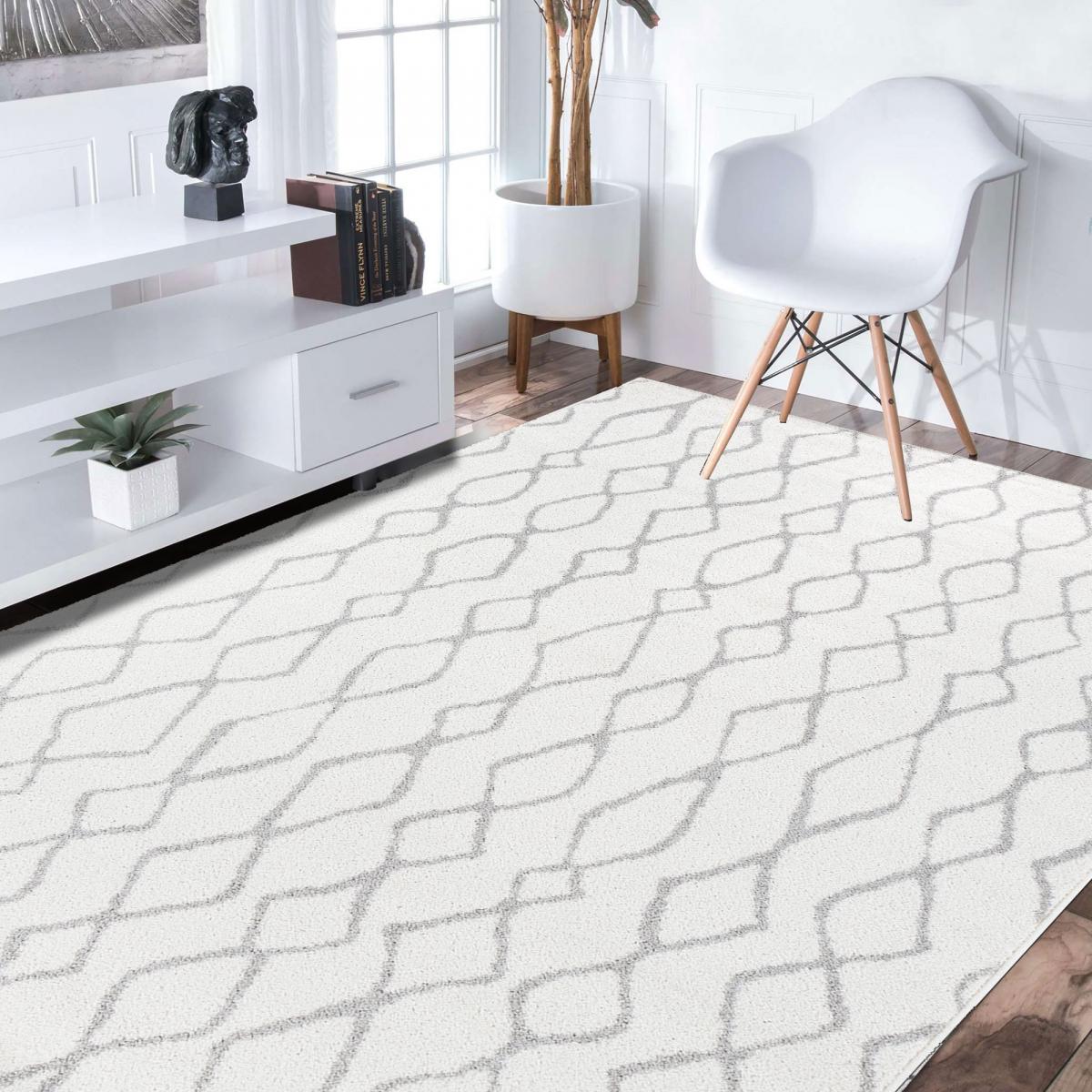 Tapis salon et chambre tissé motif géométrique SPATA blanc, gris, UN AMOUR DE TAPIS