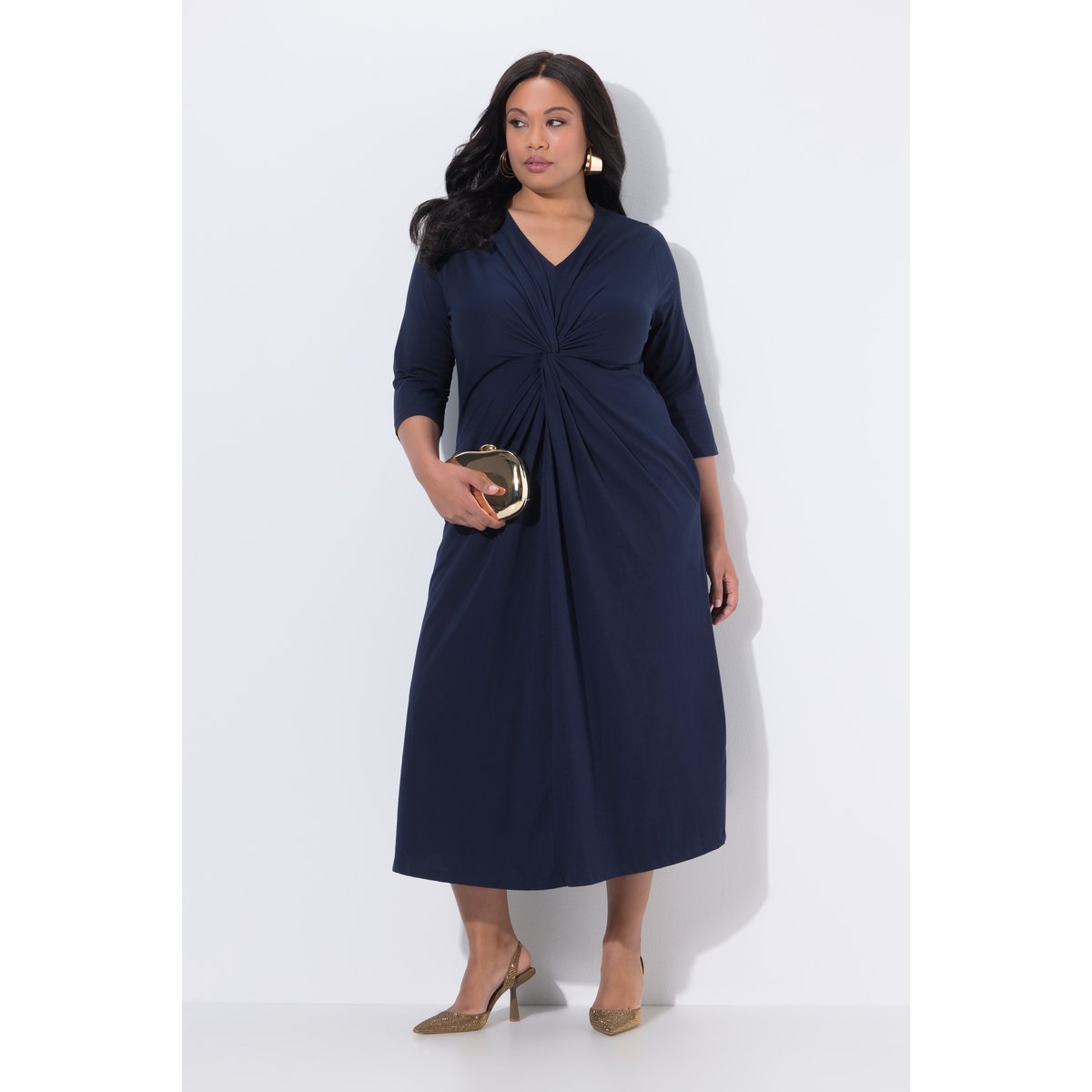 Robe maxi coupe évasée, drapé marine, ULLA POPKEN