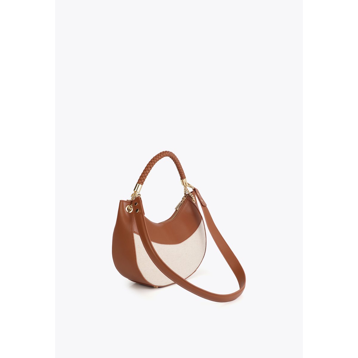 Sac à main bimatière avec poignée tressée camel, LOLA CASADEMUNT