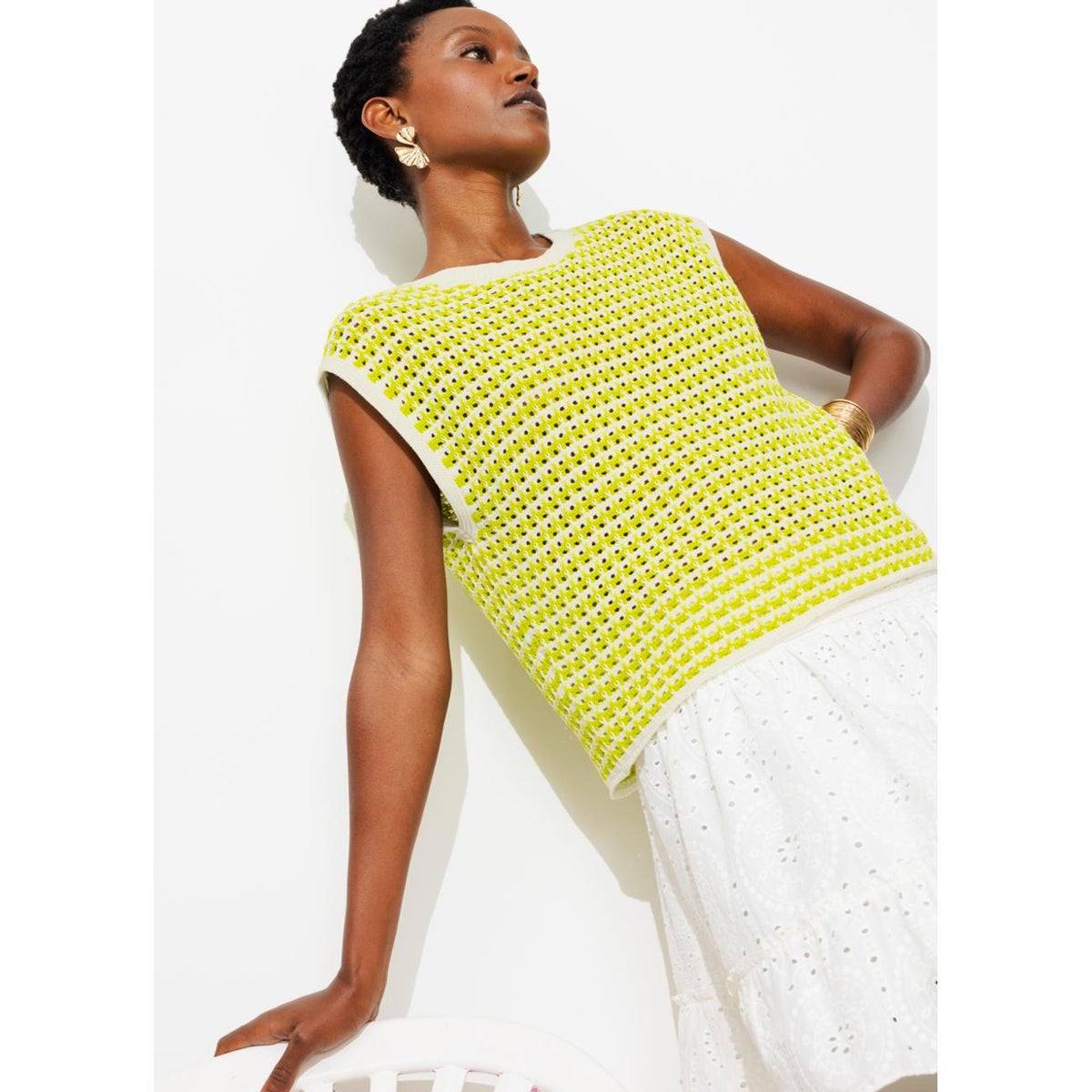 Pull en crochet bicolore rayé jaune, PROMOD
