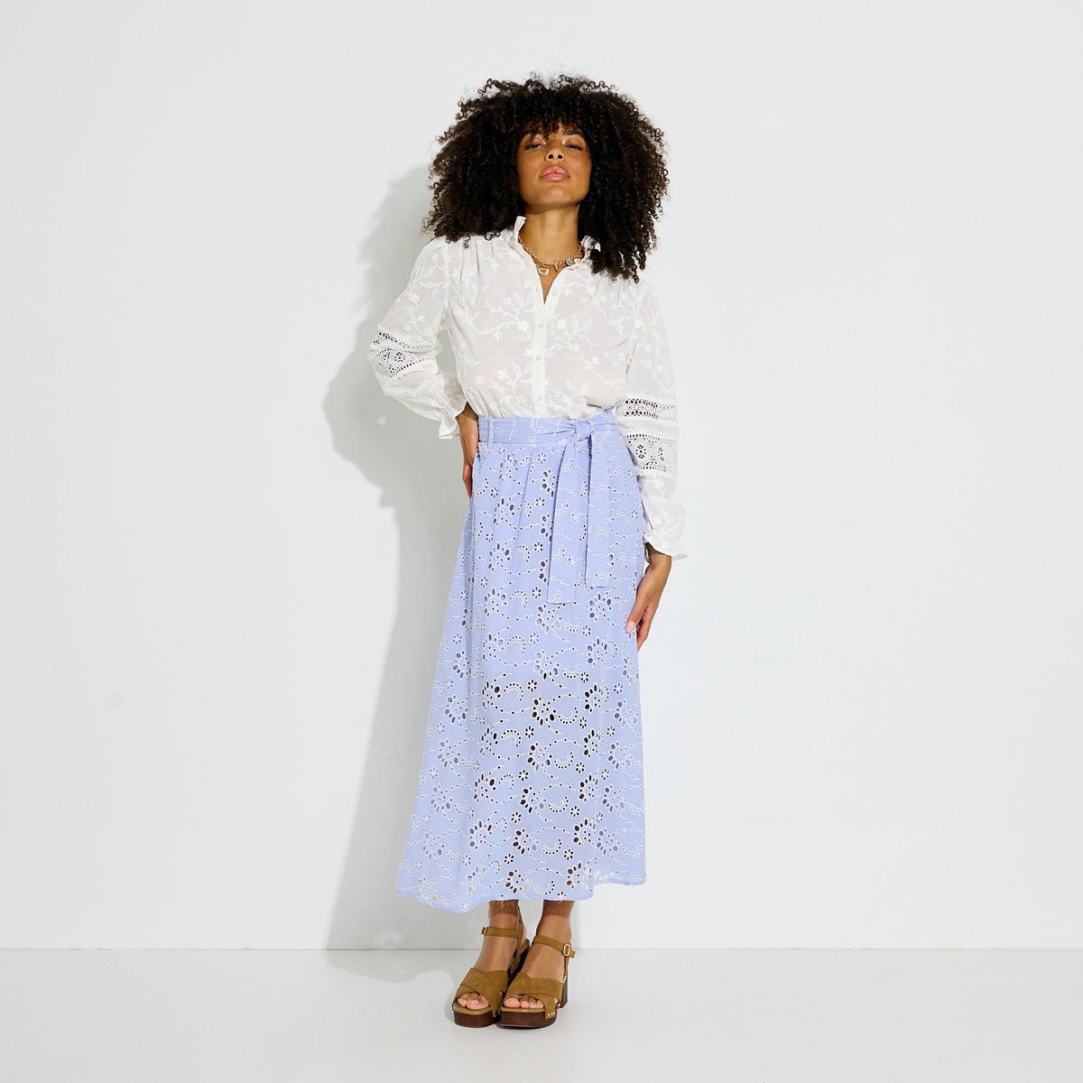 Jupe longue broderie anglaise à poches bleu, GRAIN DE MALICE