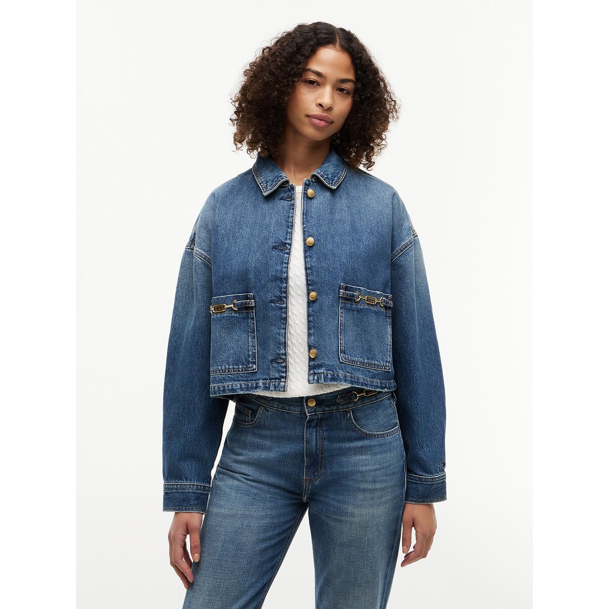 Giacca corta in jeans con morso e bandiera denim, TOMMY HILFIGER