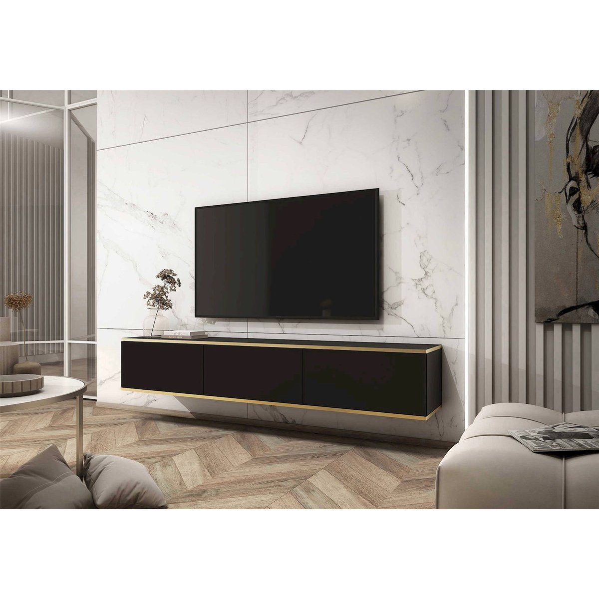 Meuble tv suspendu effet marbre MUCALMA blanc, RECOLLECTION
