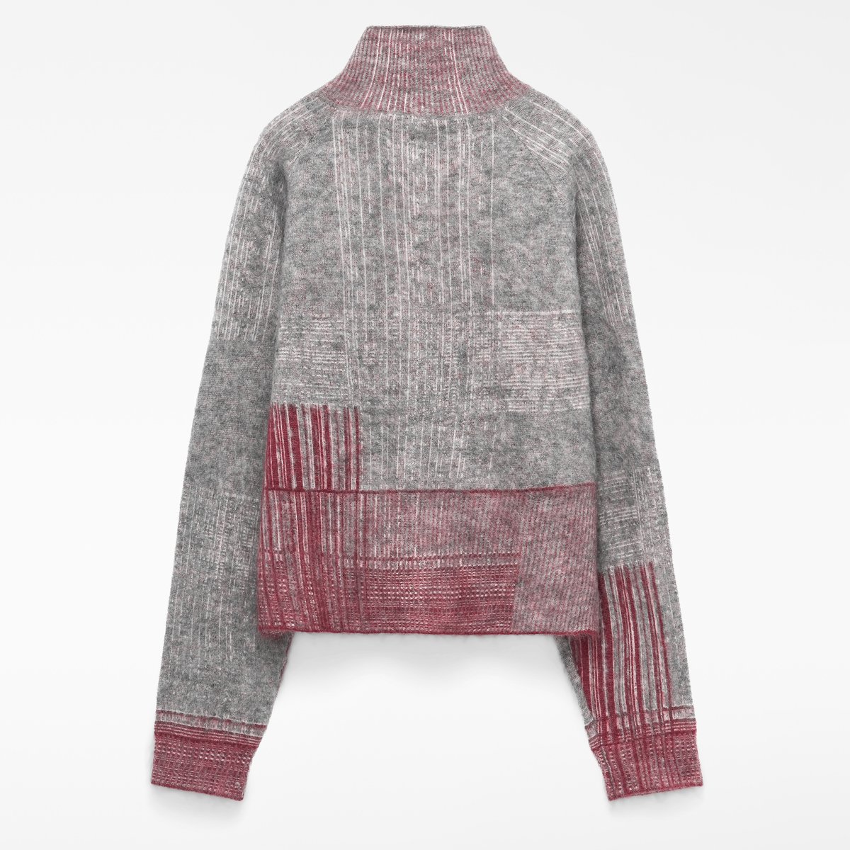 Cardigan avec mohair et laine mérinos en jacquard grenat/gris, ADOLFO DOMINGUEZ