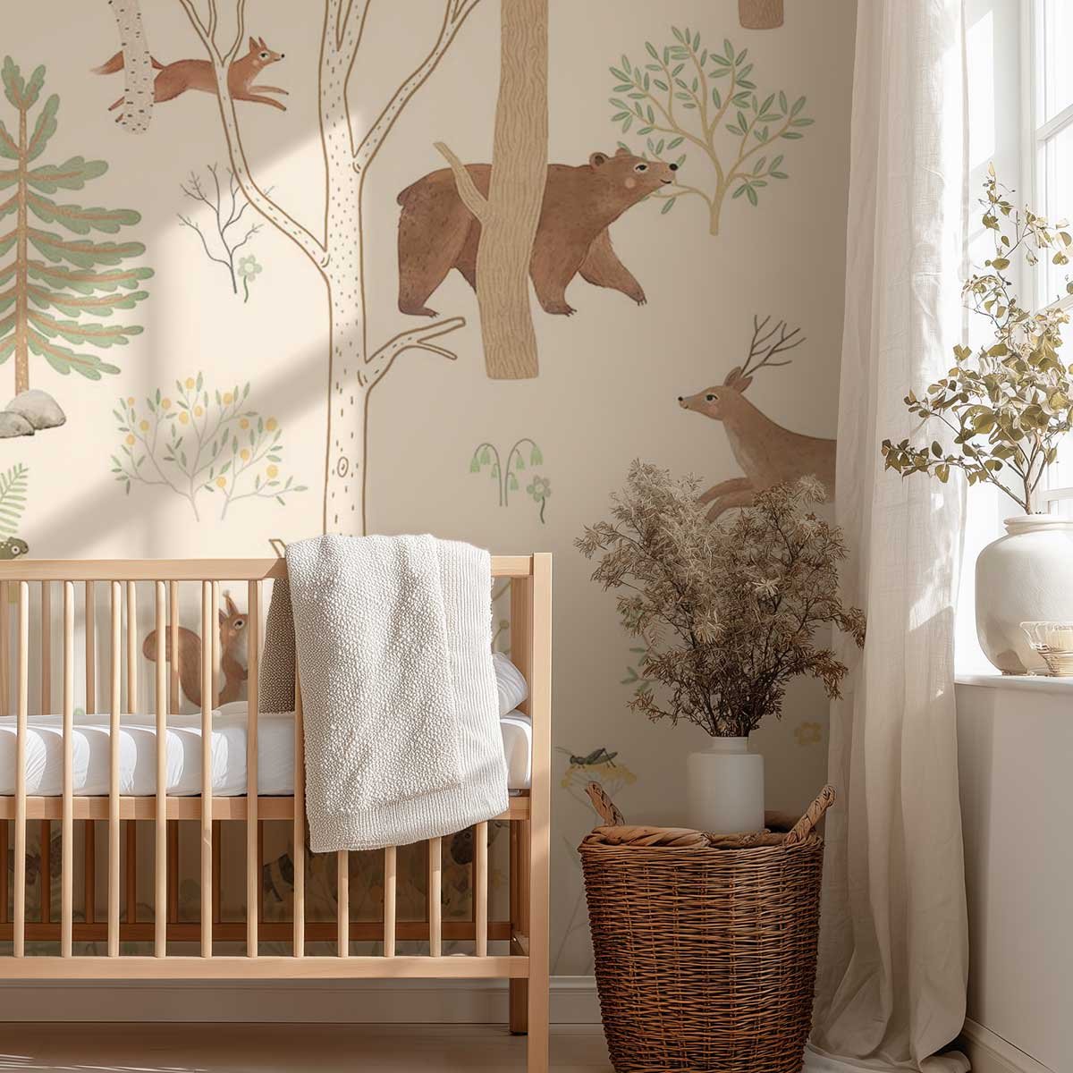 Papier peint bois animaux chambre bébé blanc, HEXOA