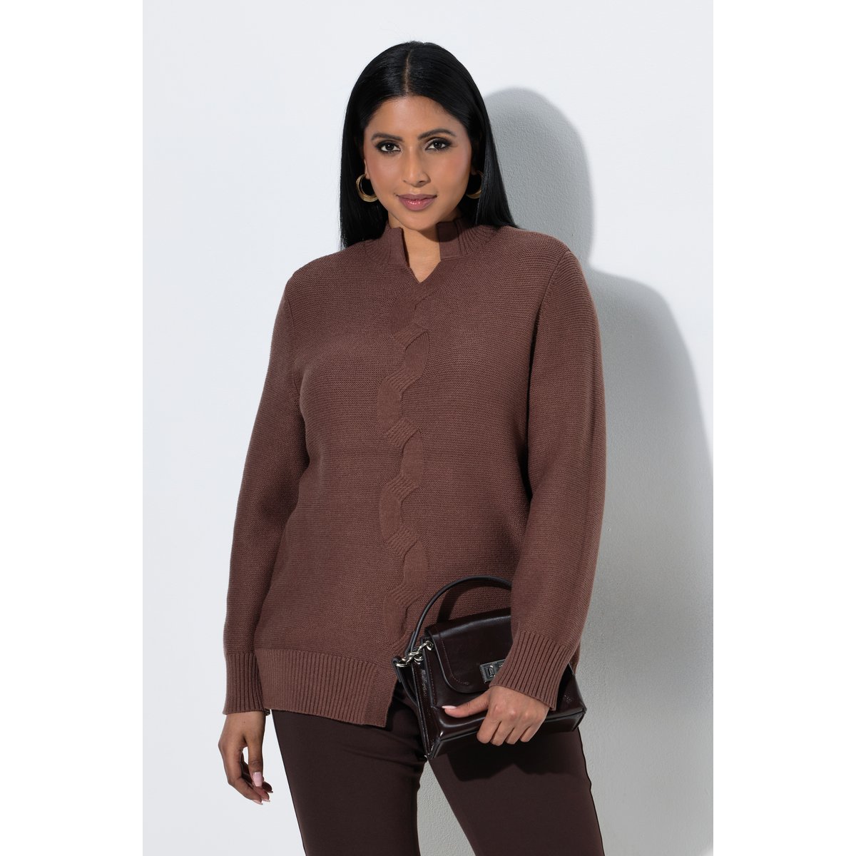 Pull maille envers, motif torsadé marron, ULLA POPKEN