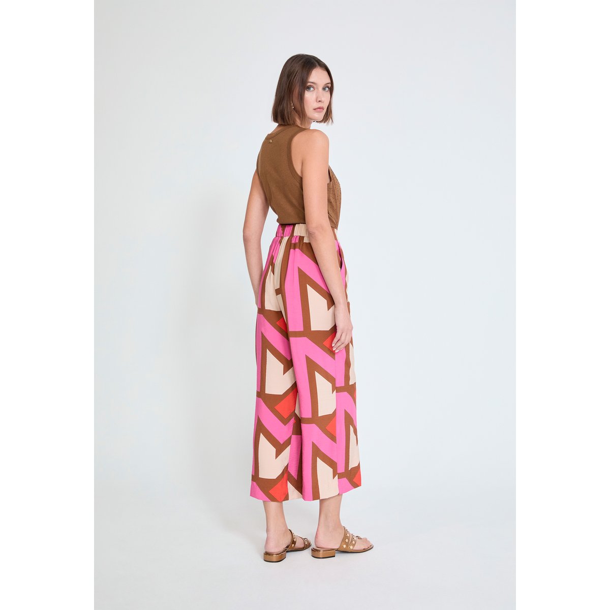 Pantalon large fluide à imprimé géométrique et taille élastiquée rose, LOLA CASADEMUNT