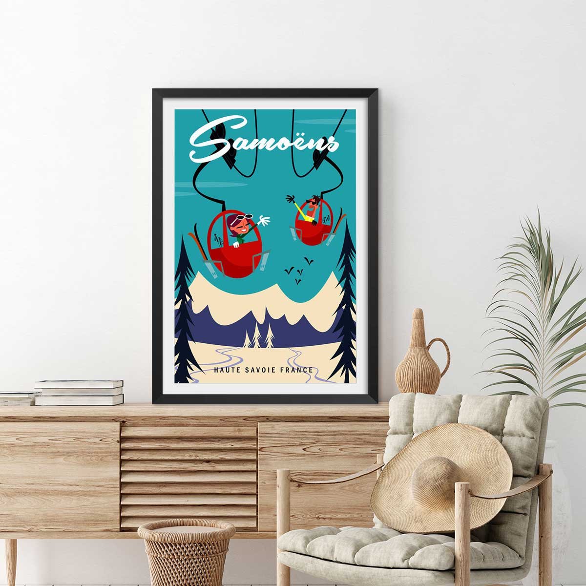 Poster ski à samoens affiche + cadre en bois - noir, HEXOA