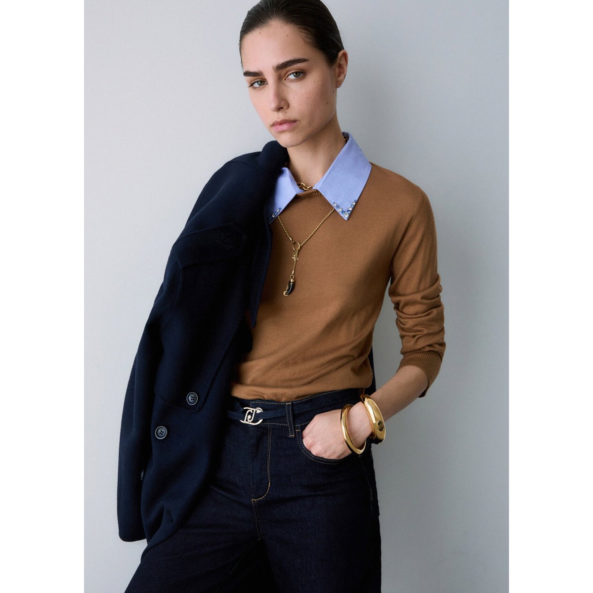 Pull avec détail en popeline beige, LIU JO