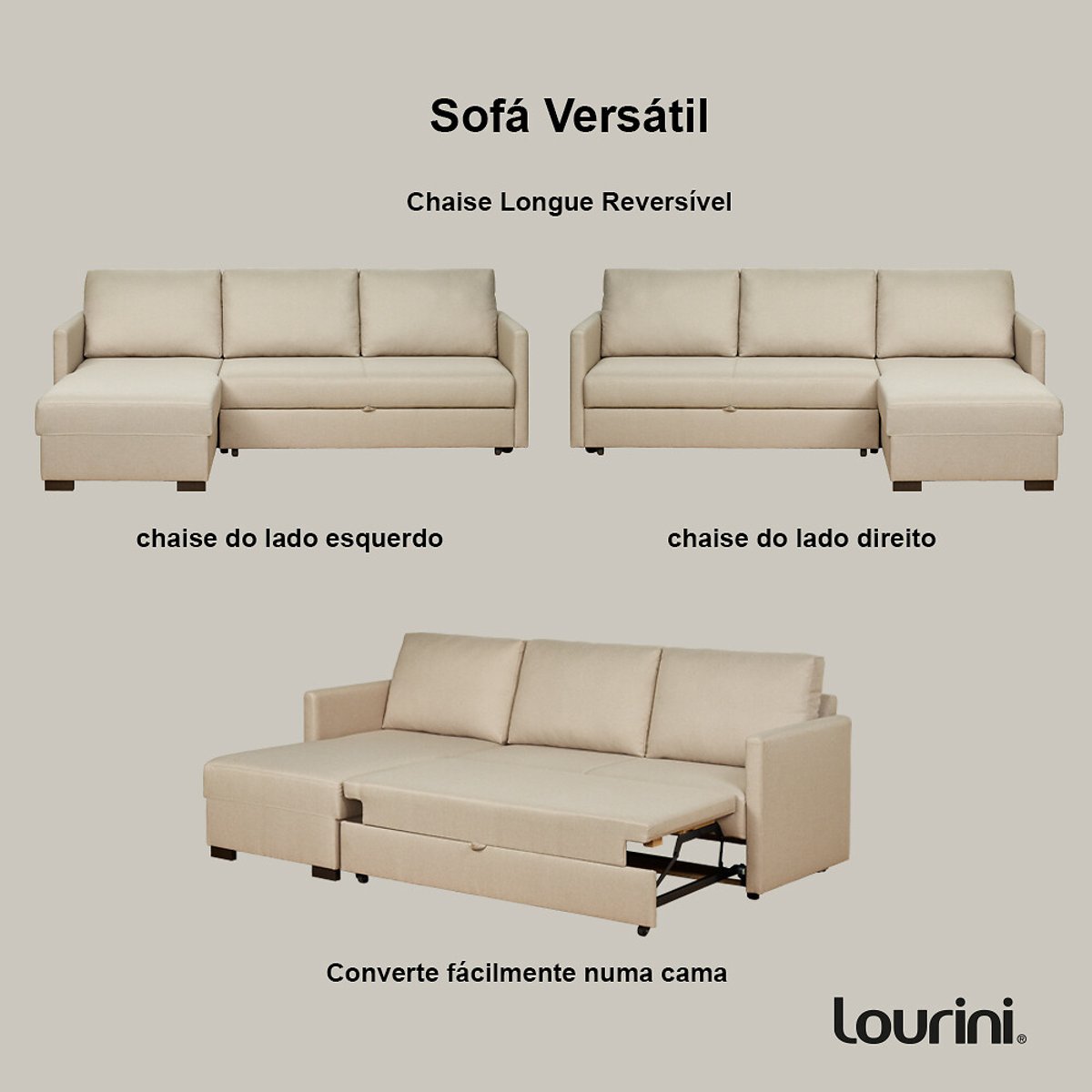 Sofá Justin, Bege, de 3 Lugares reversível, Lourini® bege, LOURINI