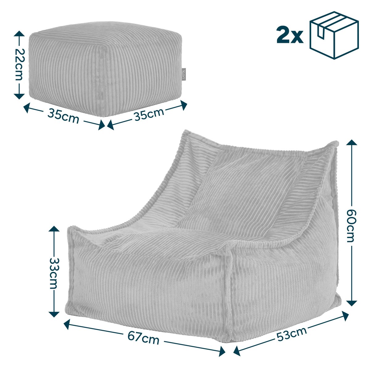 Pouf fauteuil grand enfant avec repose-pied carré en velours côtelé Oeko-Tex® - ALTO bleu jeans, ICON