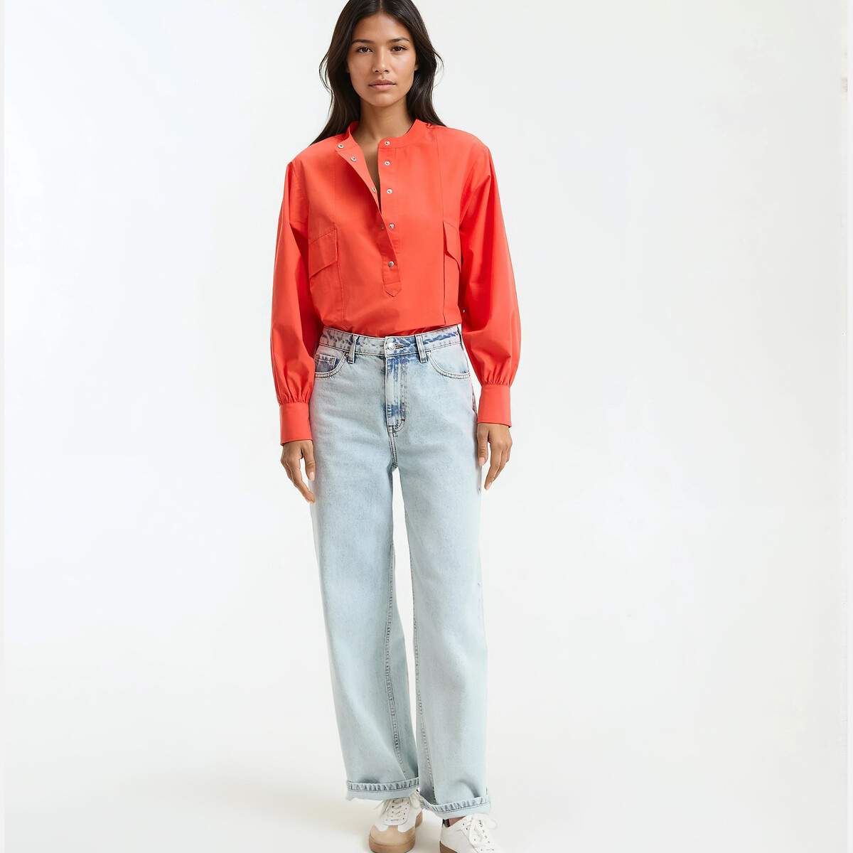 Cotton Mandarin Collar Shirt with Long Sleeves grenadine red, LA REDOUTE COLLECTIONS