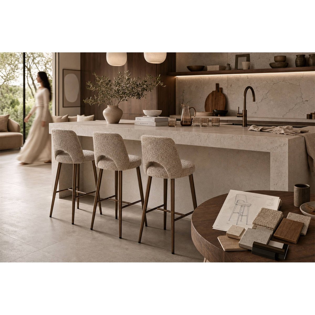 Tabouret de bar bouclette beige naturel et bronze, RECOLLECTION
