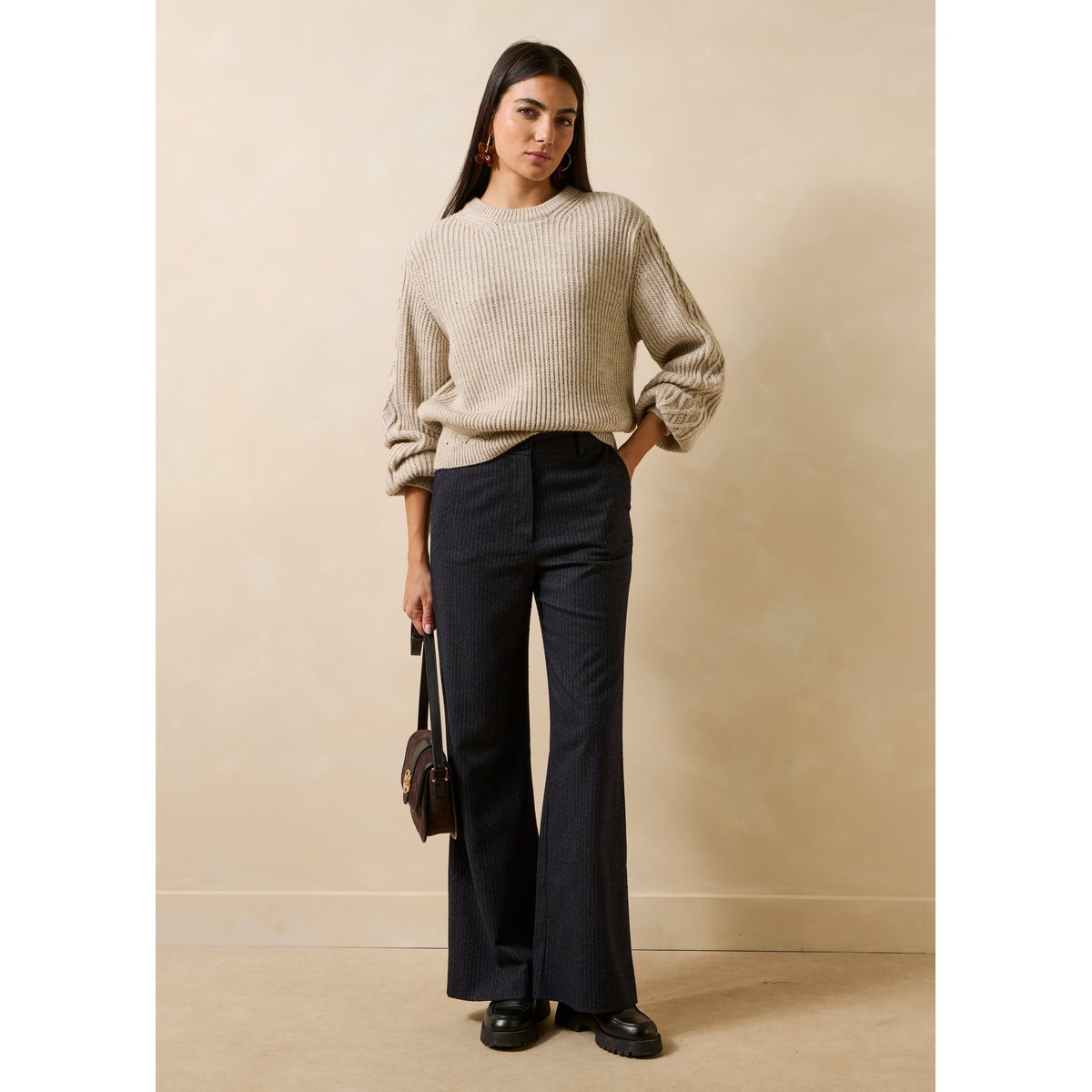 Pantalon droit taille haute à rayures anthracite, LA FEE MARABOUTEE