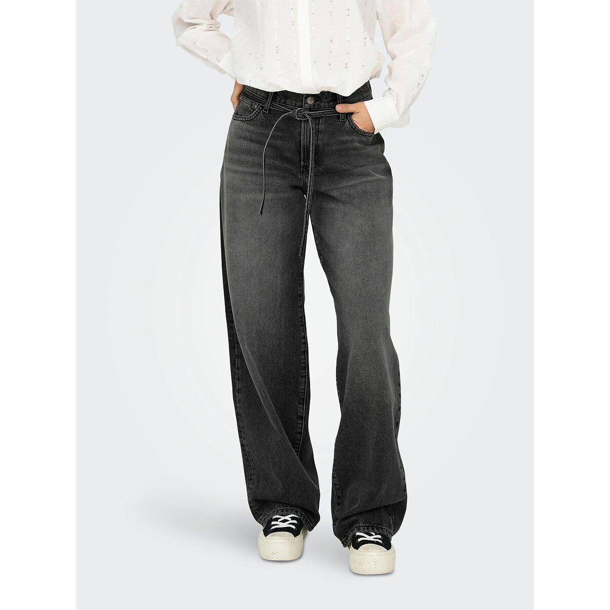 Jean large avec lien resserable noir denim, ONLY
