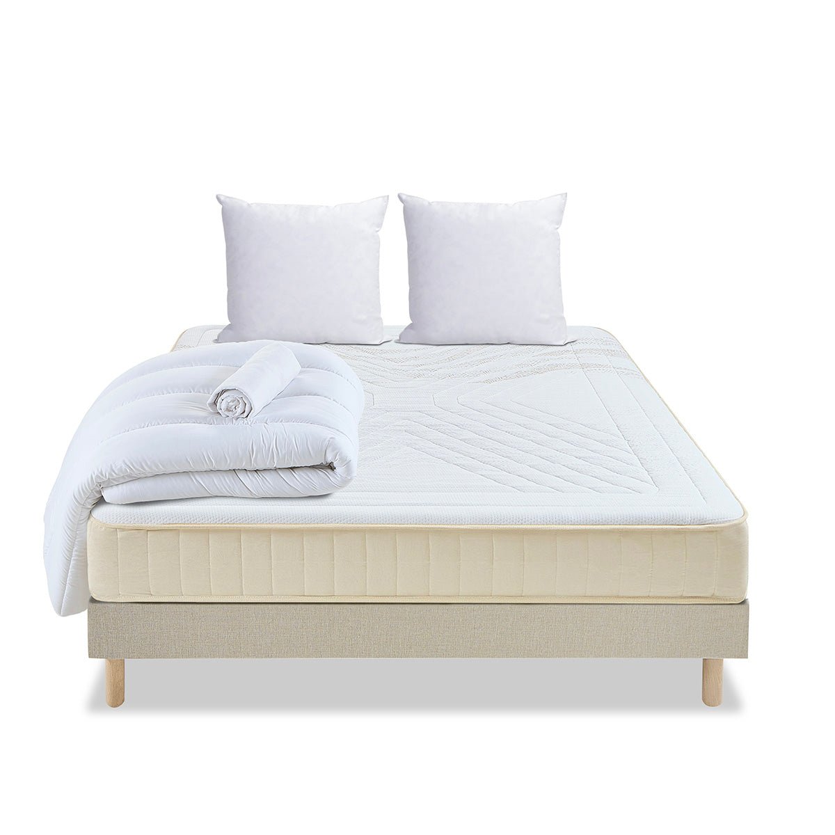 Pack Symphonie 2.0 90x190 cm Matelas Mousse + Sommier Bois + Accessoires beige, BELLECOUR