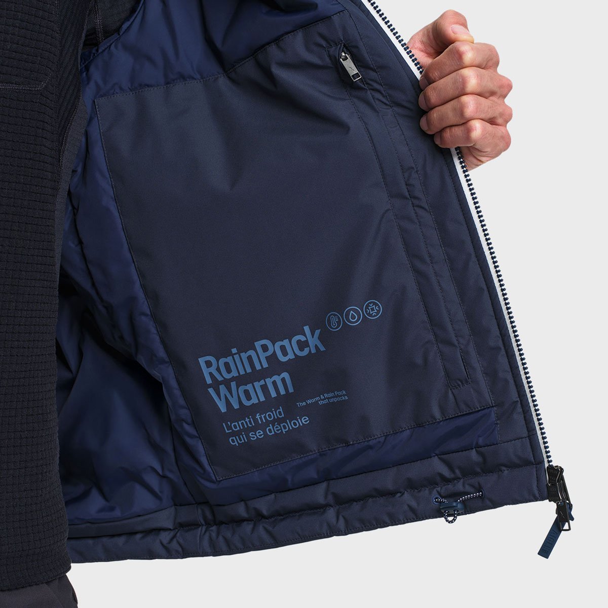 Veste imperméable matelassé capuche Rainpack Warm 70 bleu marine, AIGLE