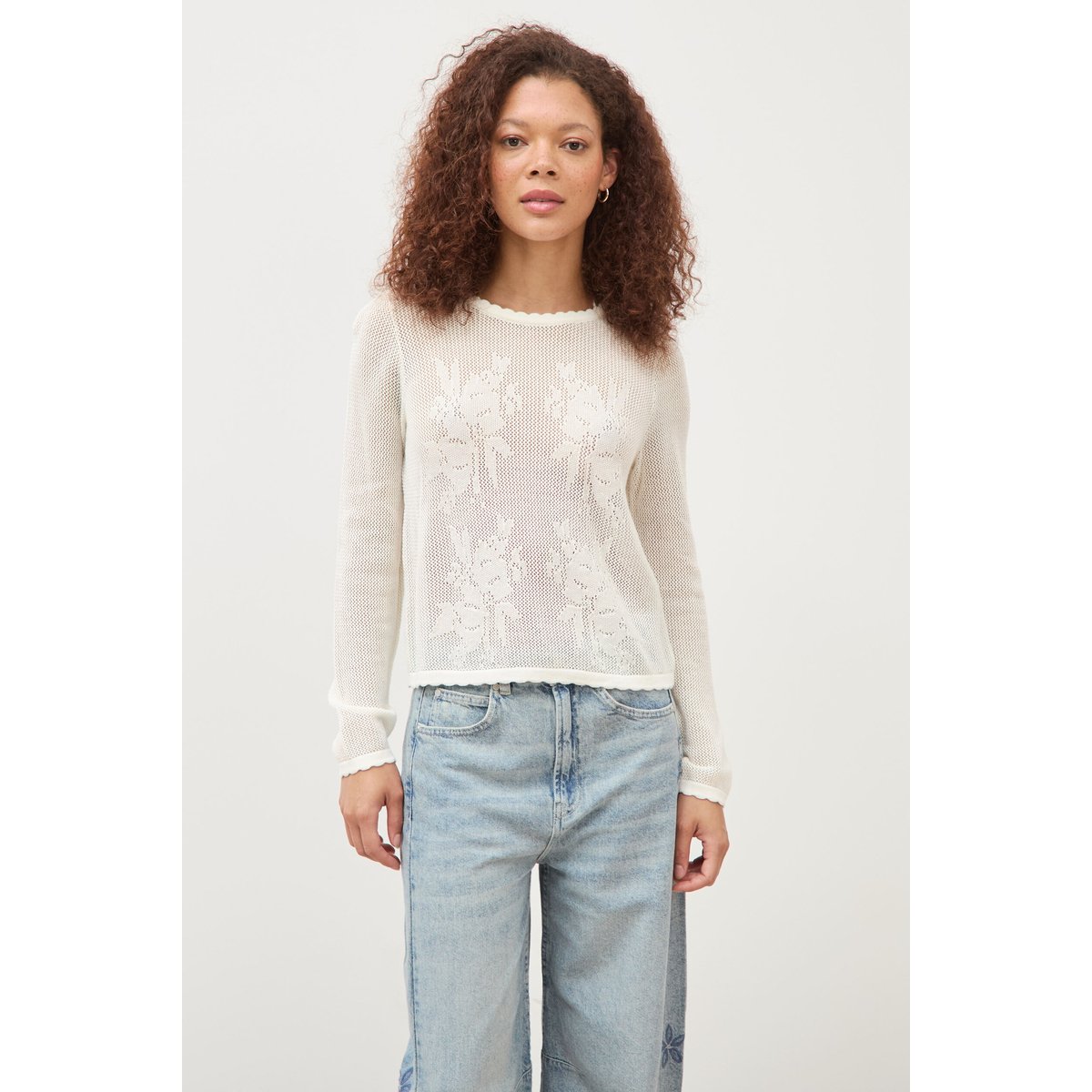 Pull ajouré col rond manches longues ecru, BONOBO