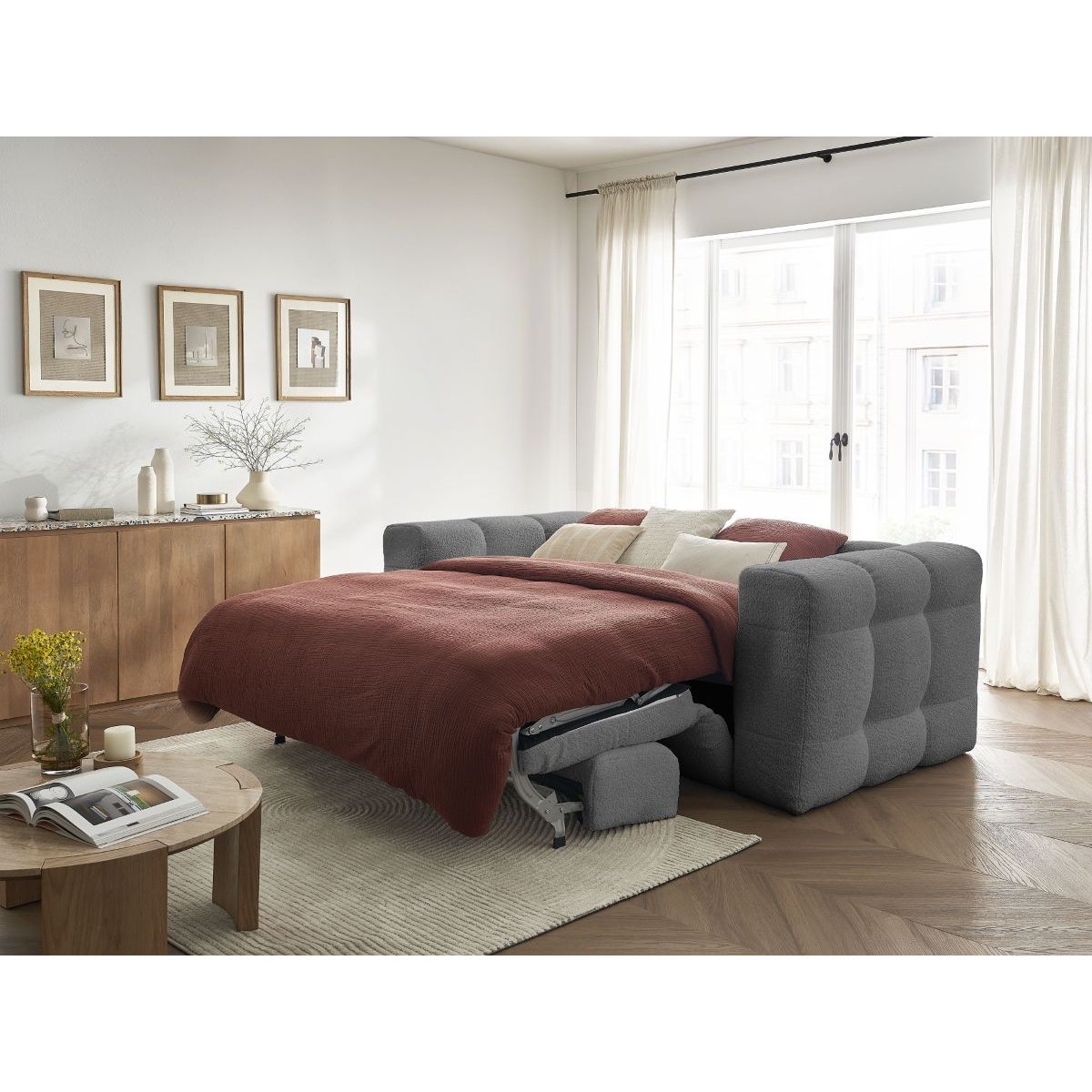 Canapé droit convertible 3 places en tissu bouclette, CLOUD gris foncé, BOBOCHIC