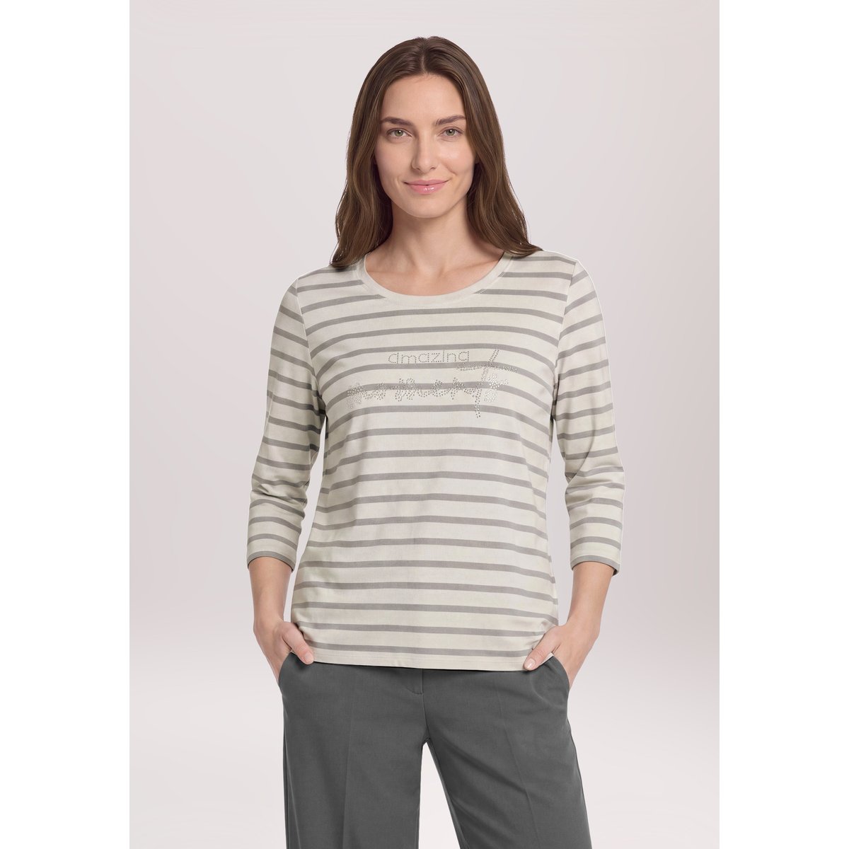 T-shirt à rainures à pierres fantaisie beige/gris, BETTY BARCLAY