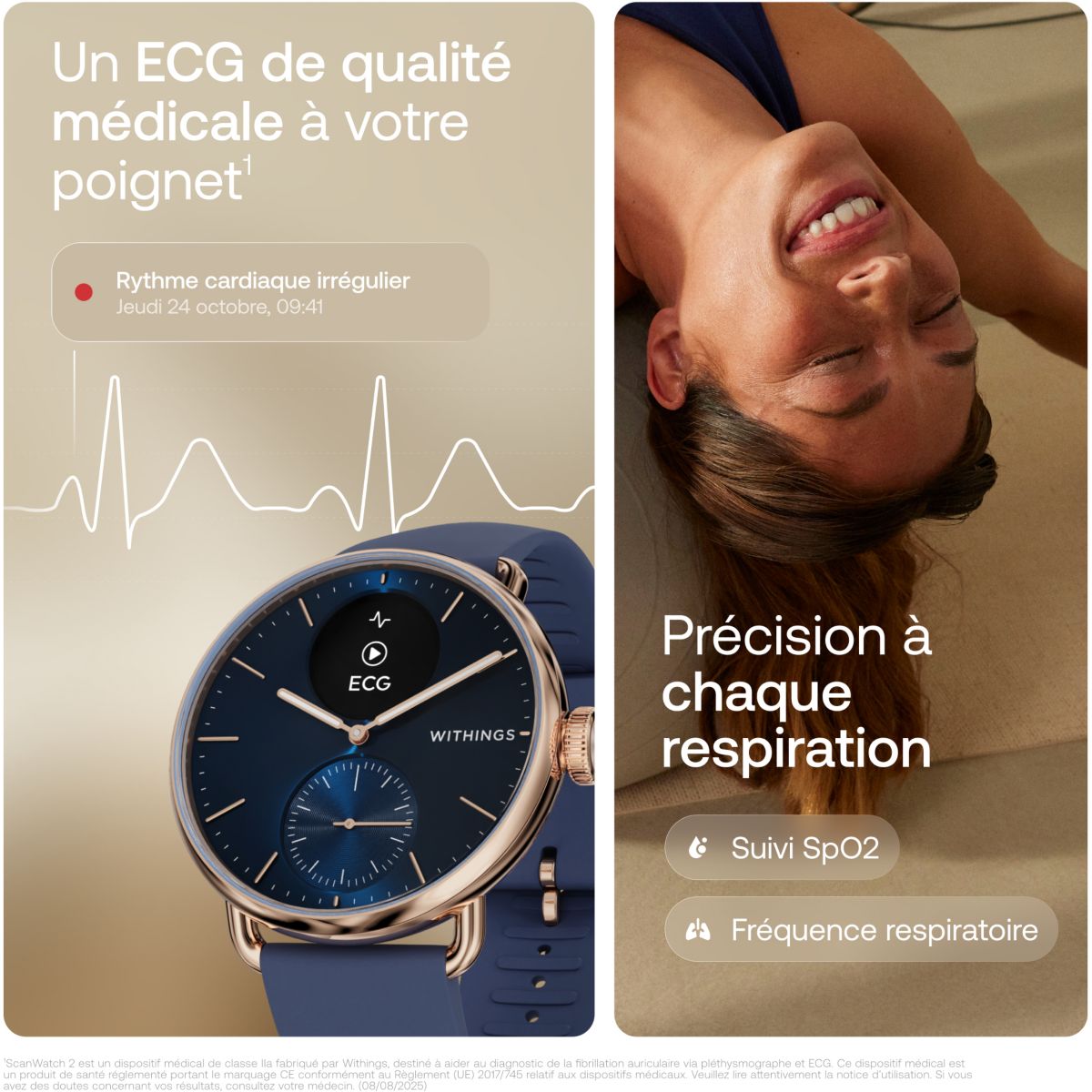 Montre santé Scanwatch 2 38mm Rose Gold Bleue couleur unique, WITHINGS