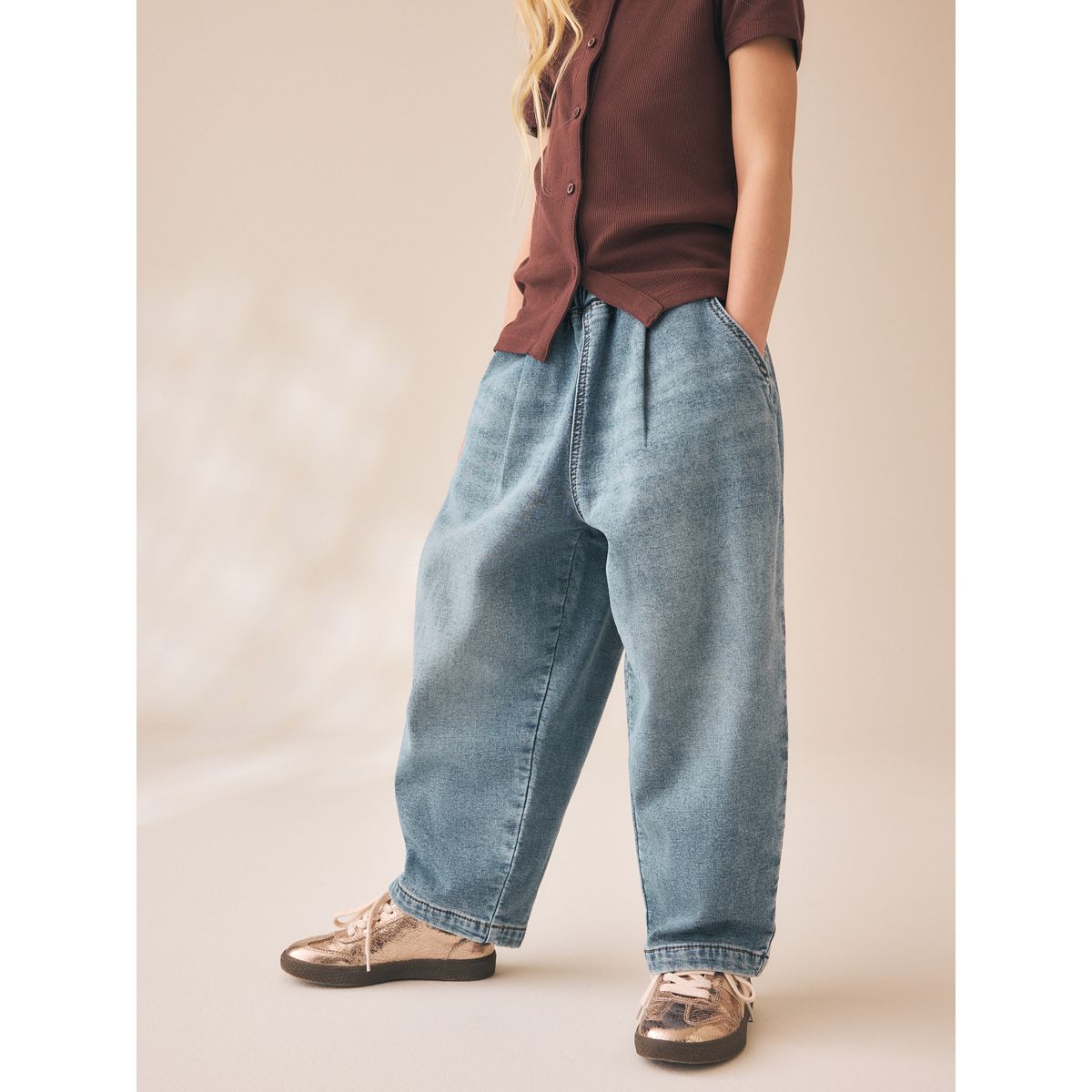 Jean ample baggy denim jersey délavé moyen, NEXT