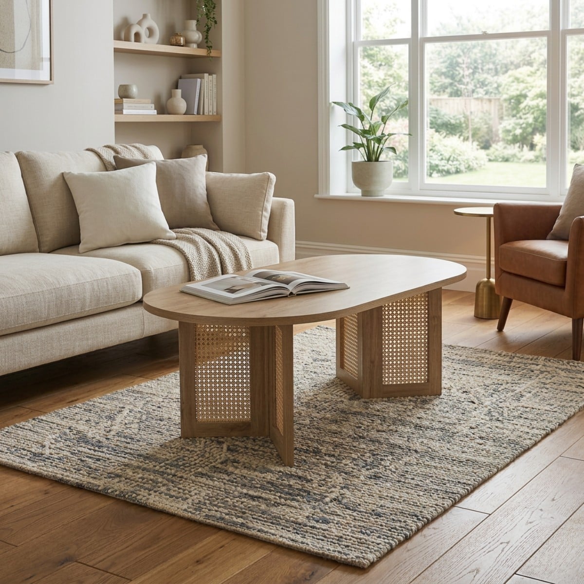 Table basse ovale et piètement rotin TALIA bois clair, CALICOSY