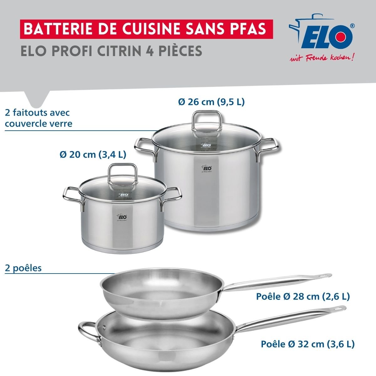 Batterie 2 poêles 28/32cm + 2 faitouts 20/26cm PROFI CITRIN inox, ELO