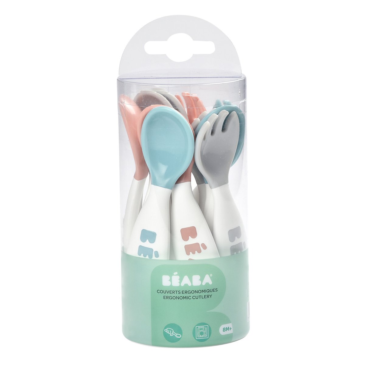 Lot de 10 couverts en silicone vert d'eau, gris, rose, BEABA