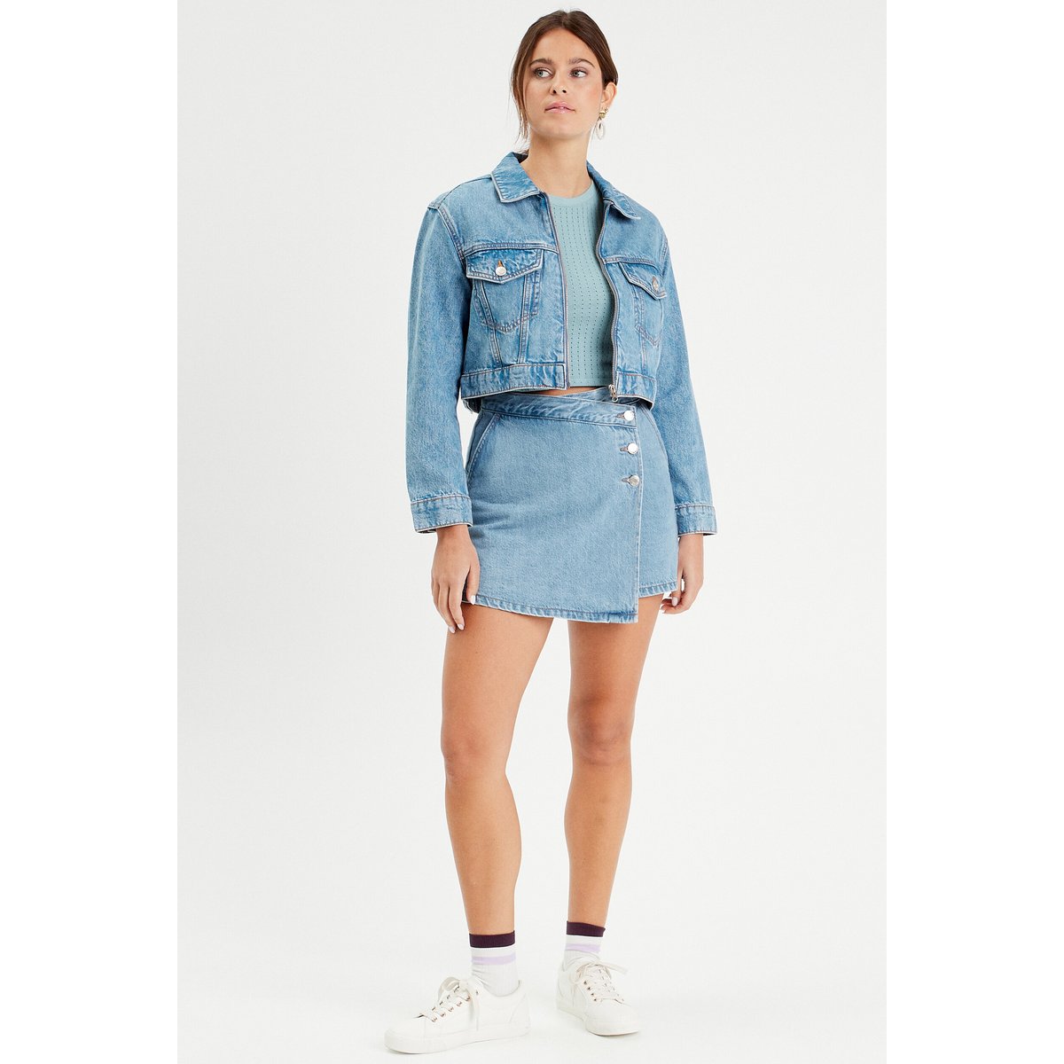 Jupe-short droite en jean denim double stone, CACHE CACHE