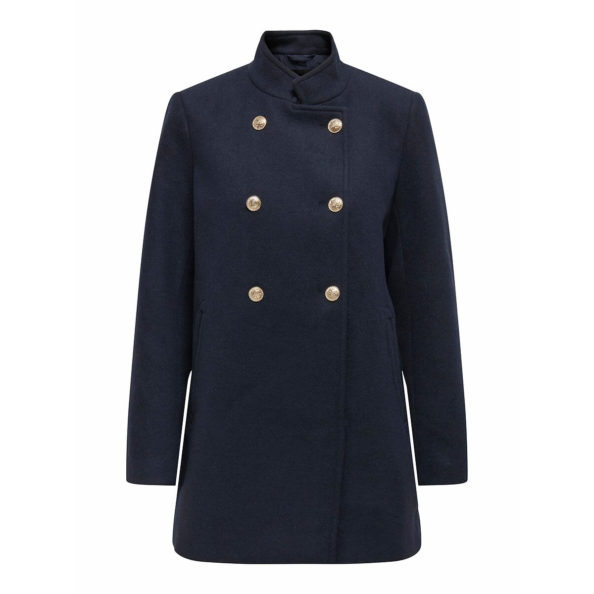 Manteau mi-long col montant, boutons dorés bleu marine, ONLY