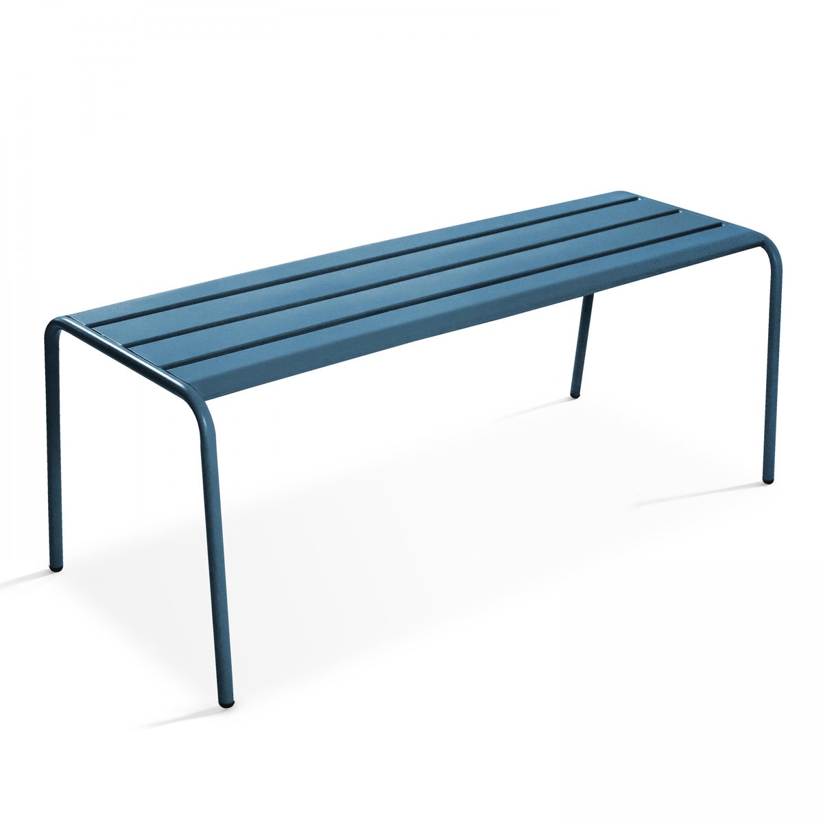 Salon de jardin table carrée et 4 bancs en métal, PALAVAS bleu pacific, OVIALA