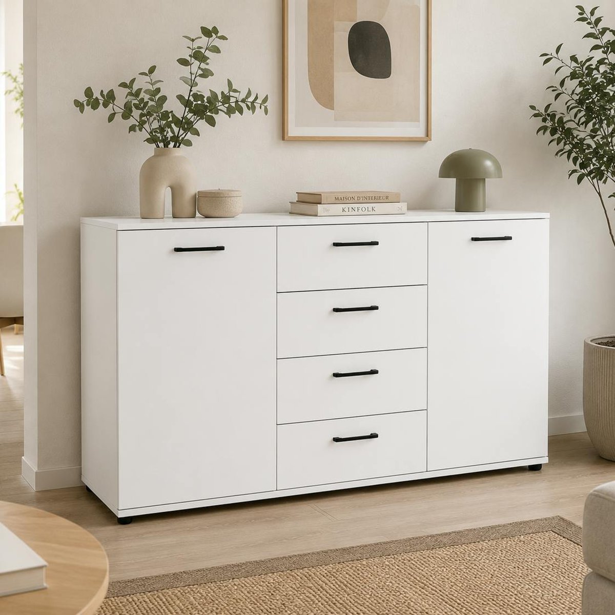 Buffet étroit blanc 2 portes 4 tiroirs ALVA blanc, PIER IMPORT