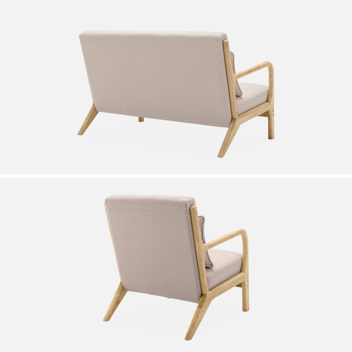 Banquette scandinave 2 places + Fauteuil bois et tissu LORENS beige, SWEEEK