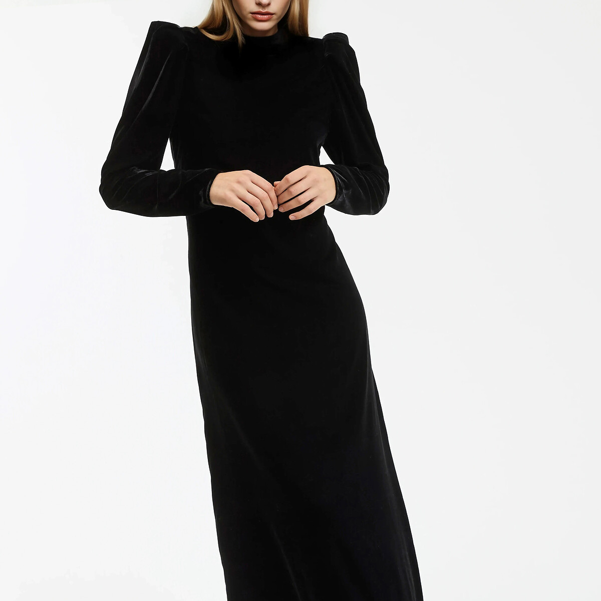 Flared Velour Maxi Dress with Long Sleeves black, LA REDOUTE COLLECTIONS