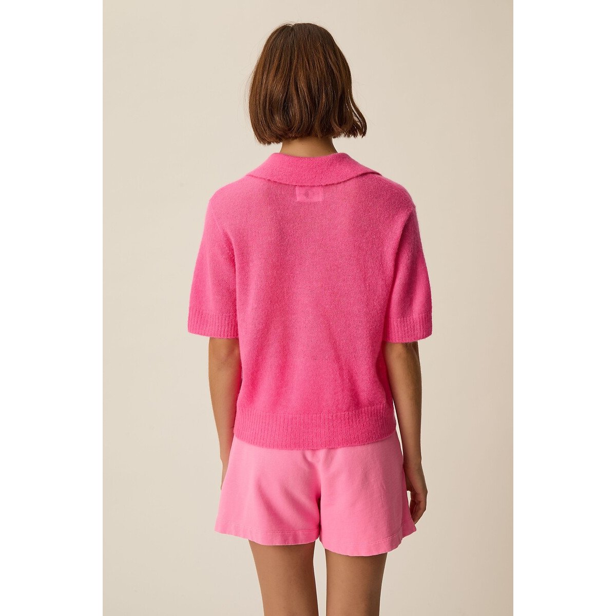 Pull col polo manches courtes, COWBOY rose, DES PETITS HAUTS