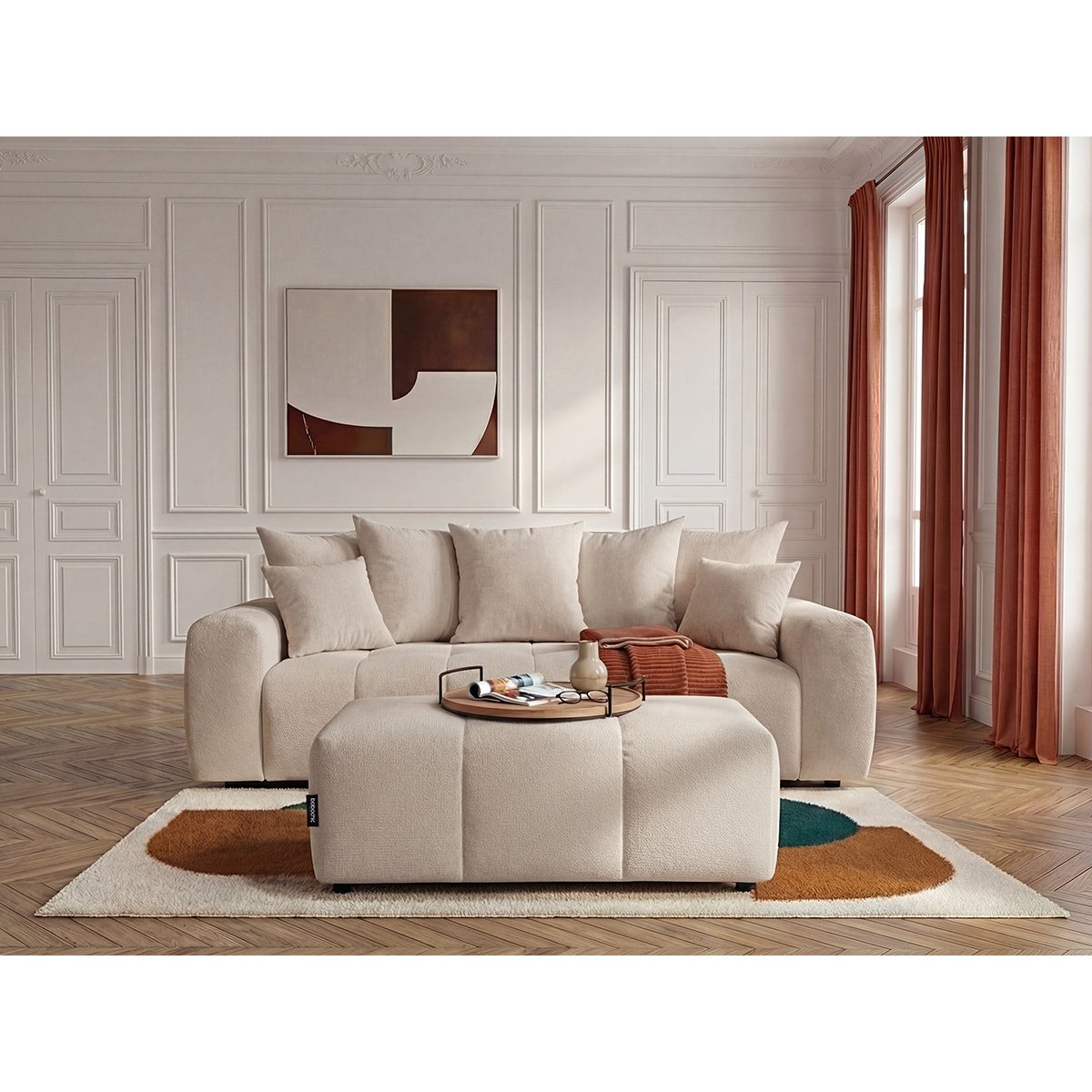 Canapé droit convertible 3 places en tissu chiné avec pouf, ROXELANE beige, BOBOCHIC