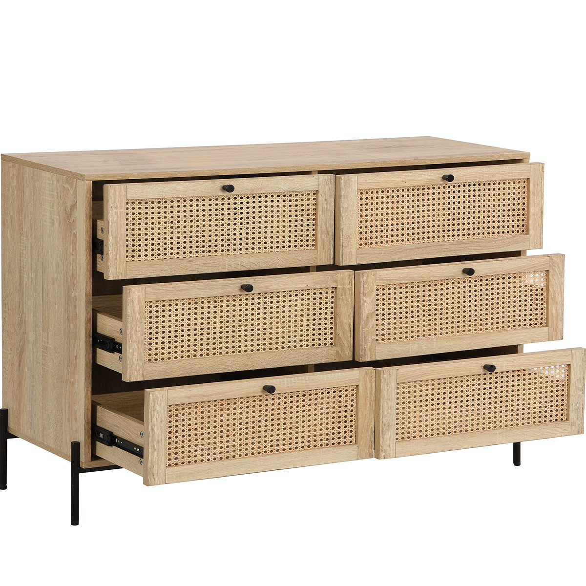 Commode 6 tiroirs en cannage et effet chêne - IRIS naturel, HOMIFAB