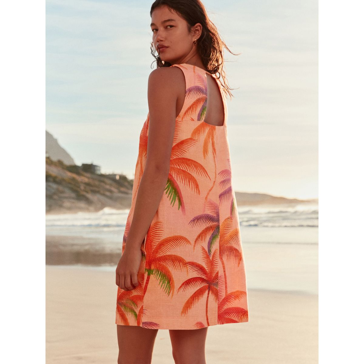 Robe droite courte à encolure carrée en lin imprimé palmier rose corail, NEXT