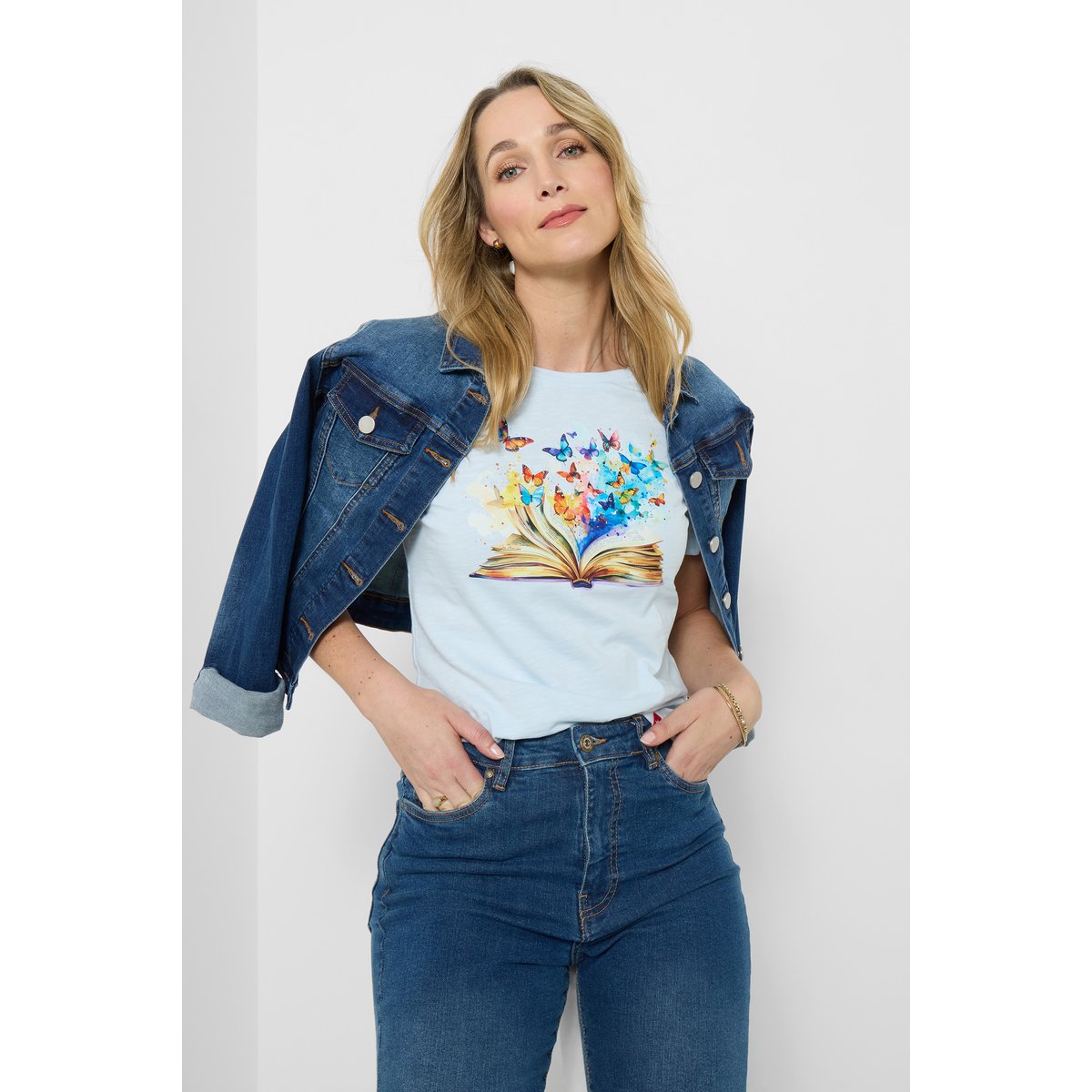T-shirt à motif livre et papillon bleu, JOE BROWNS