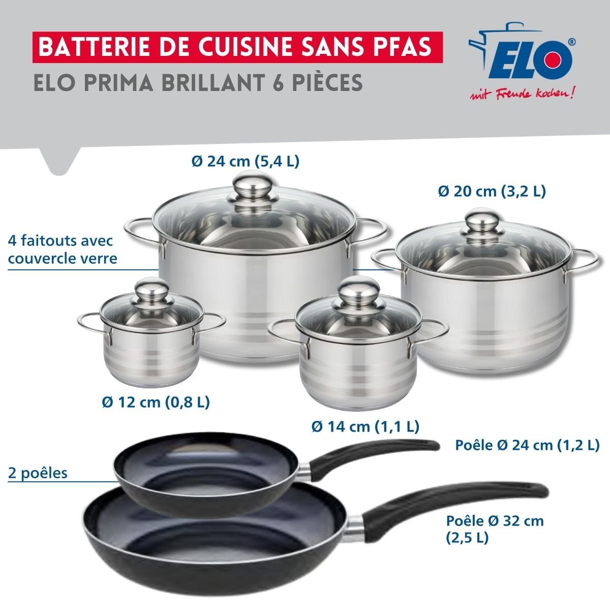 2 poêles 24/32cm + 4 faitouts 12/14/20/24cm PRIMA BRILLANT noir, ELO